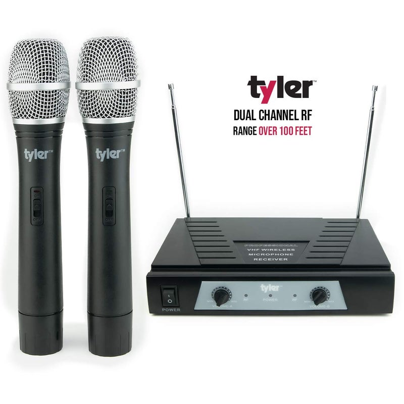 tyler نظام ميكروفون مزدوج بتردد مزدوج RF لاسلكي Tyler TWM302 - مؤشرات LED للبطارية المنخفضة - ميكروفون كاريوكي بمدى 100 قدم مع كابل صوت 1/4"، جهاز استقبال لاسلكي ومحول جاك 6.3 مم إلى 3.5 مم - Image 3